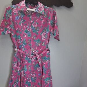 Buck & Buck Short Sleeve Cotton/Poly Pink Floral House Dress USA Made Sz Large